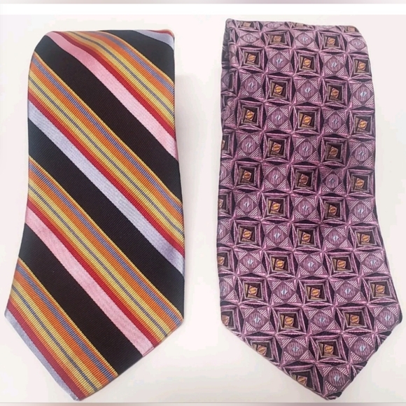 Robert Talbott Tie Duo of Luxe Vibrant Neckties 1 Stripe 1 Geometric Black/Pink - Picture 1 of 10